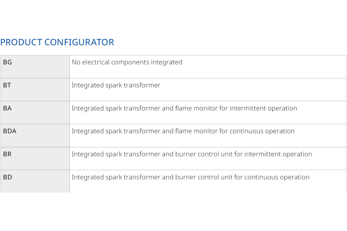Product configurator for HEGWEIN gas burners